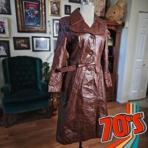 Vintage 70s Horne's of Wheeling Skin Flair Brown Leather Trench Coat Long Jacket